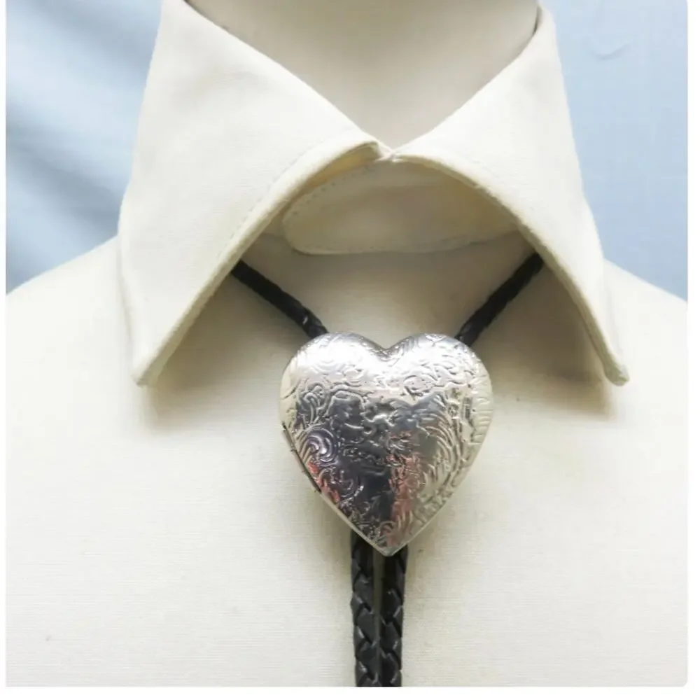 Vintage 90s Heart Locket Bolo Tie Leather Cord